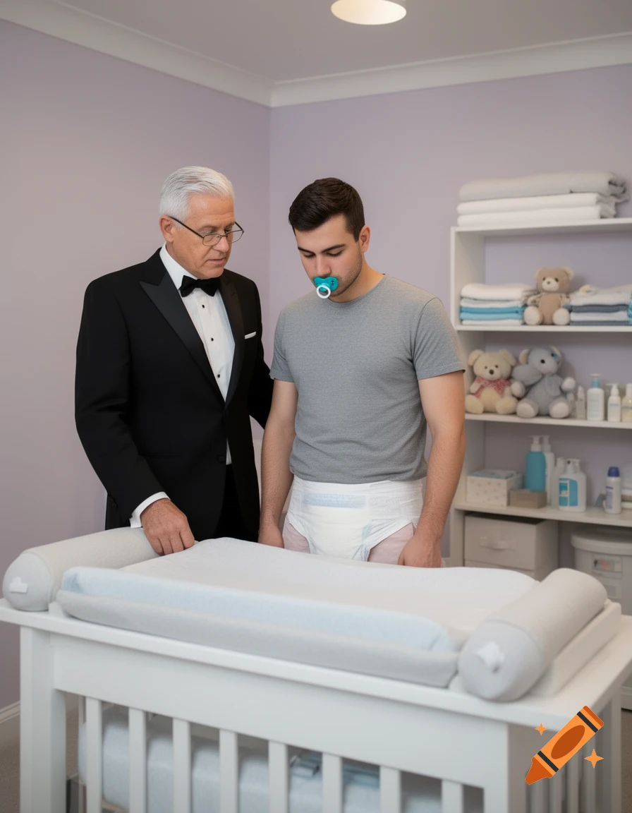 A senior man in a tuxedo and a young adult wearing a diaper and pacifier stand by a changing table.