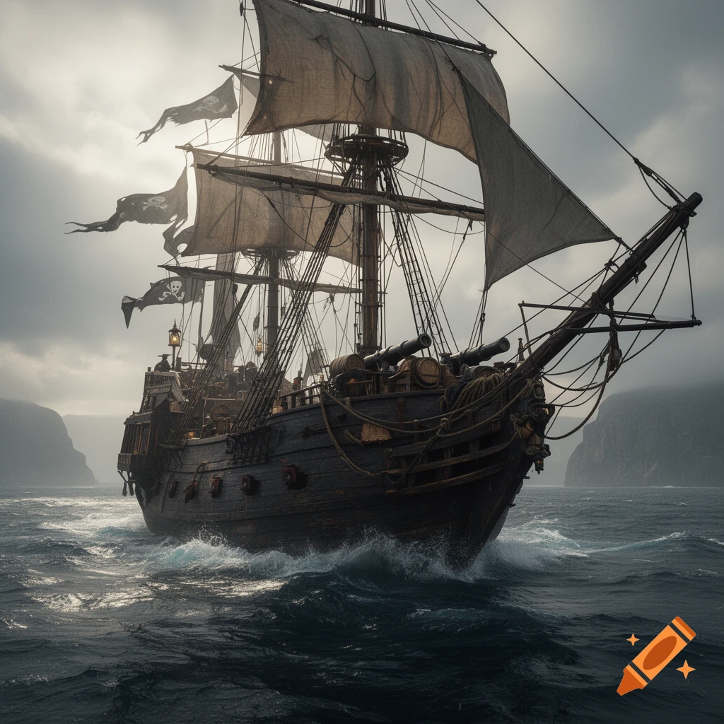 Photorealistic image of a wooden pirate ship sailing on rough ocean waters under an overcast sky.