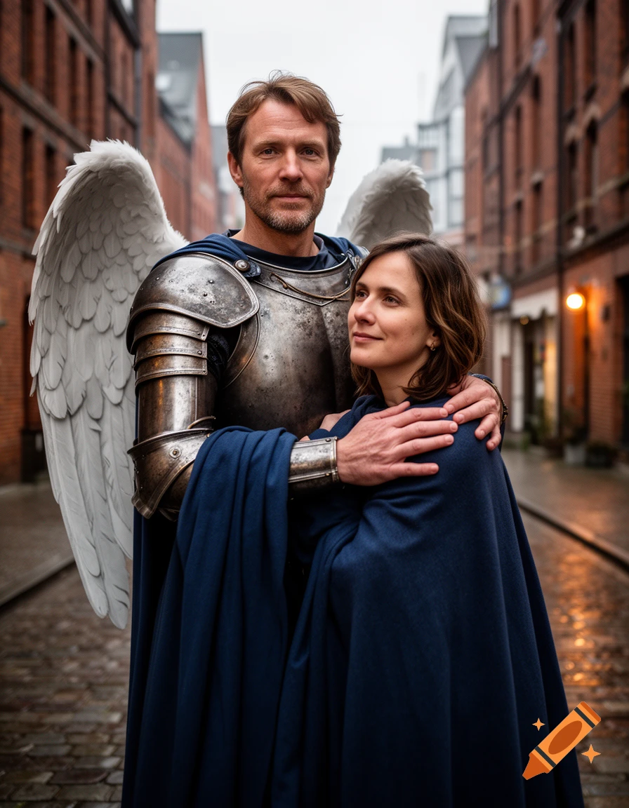 Photorealistic portrait of an archangel with large white wings and plate armor standing on a European street, embracing a smiling woman wrapped in a blue cloak.