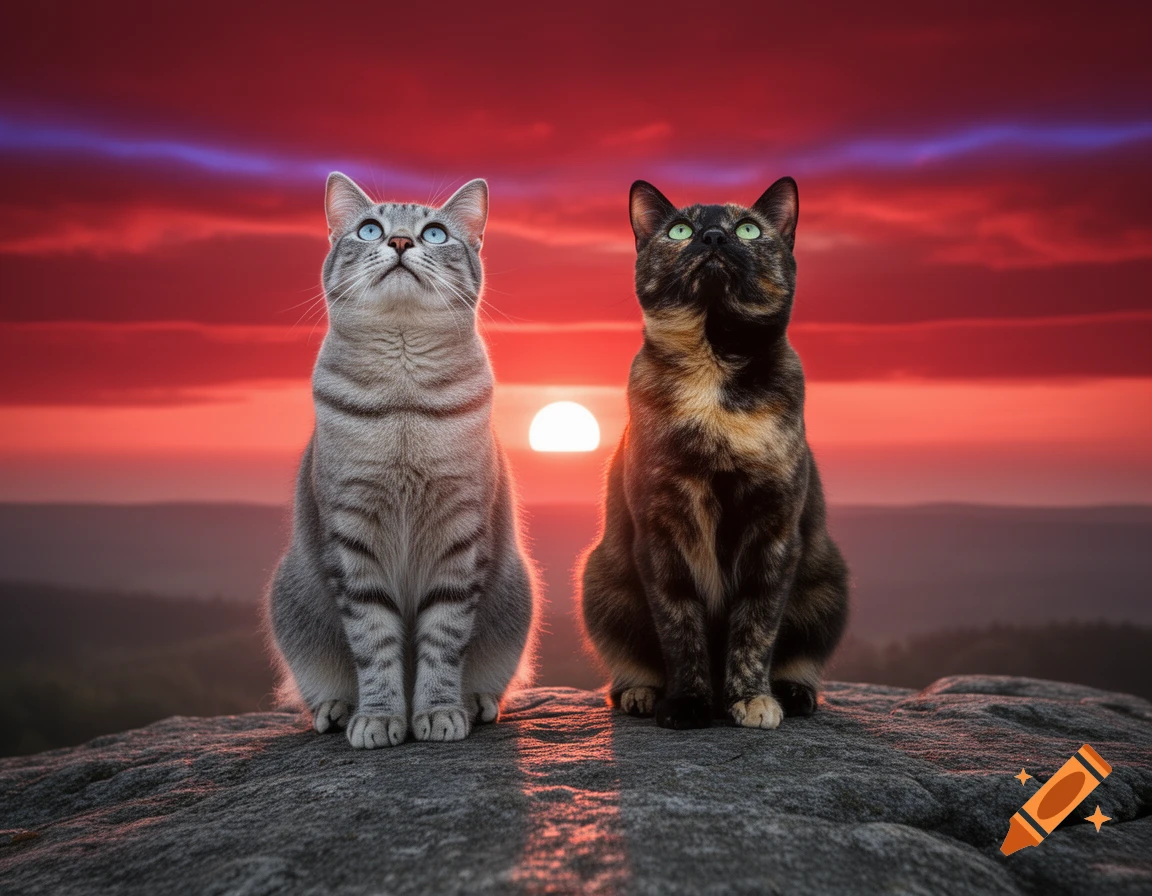 Two cats sitting side by side on a rock, looking up at a red sunrise with colorful clouds, photorealistic.
