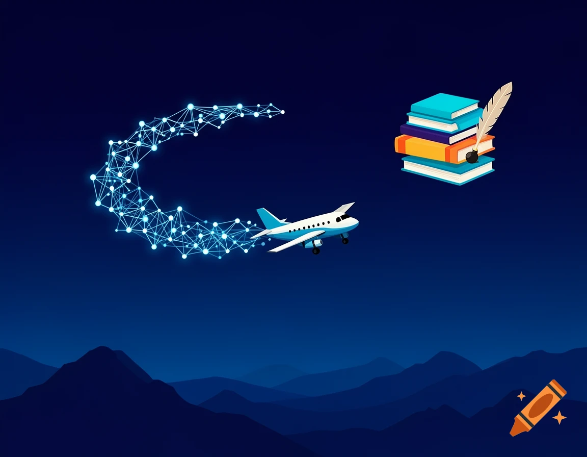 Flat vector illustration of a small airplane flying through a night sky with a glowing neural network contrail, and books with a feather pen.
