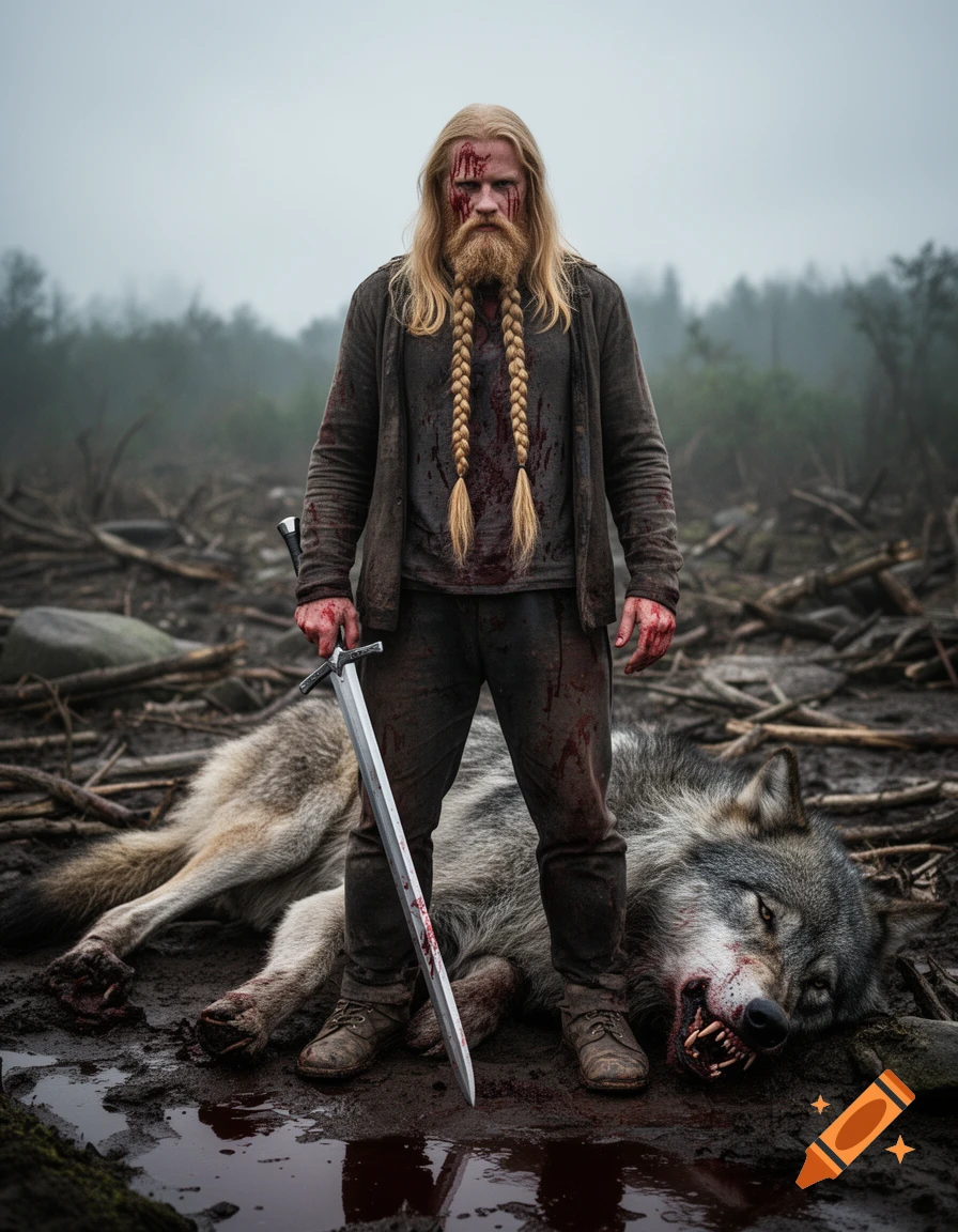 Photorealistic image of a blonde warrior with a braided beard standing over a dead titan wolf, holding a sword, in a misty landscape.