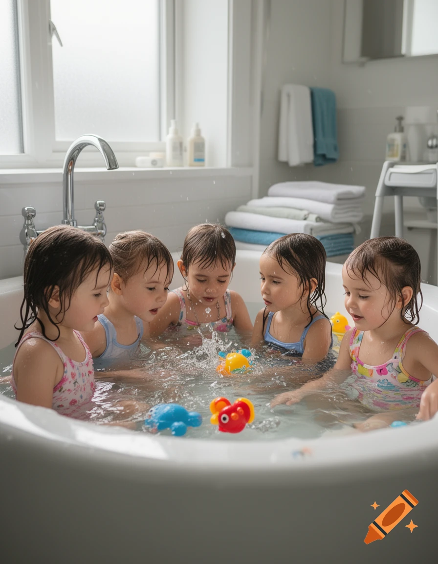 Photorealistic image of five young children playing with colorful bath toys in a bathtub.