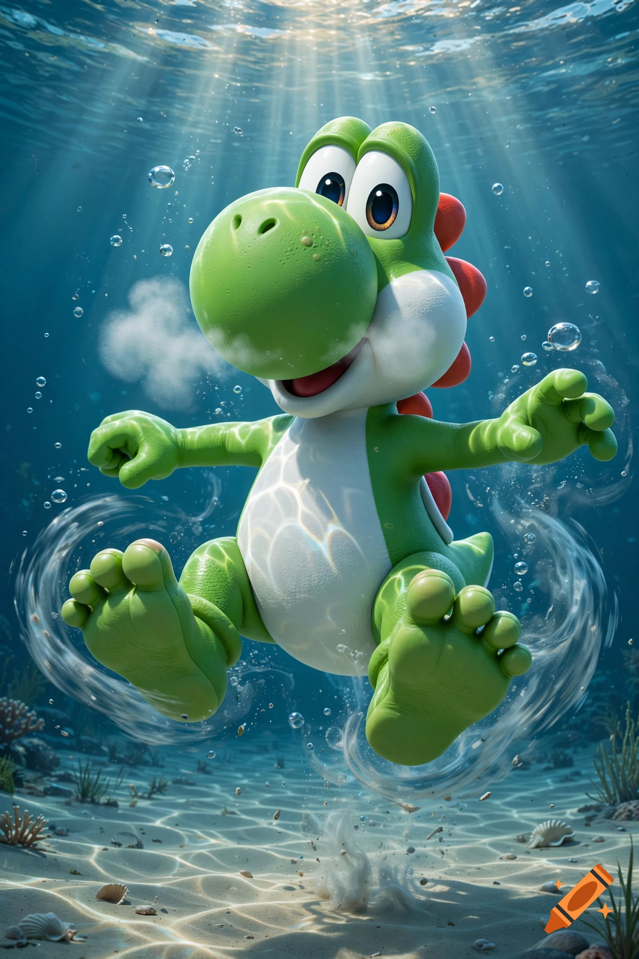 3D cinematic render of Yoshi swimming underwater towards a sandy bottom with sunbeams.