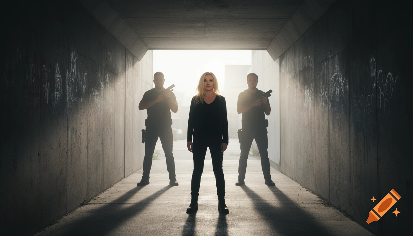 A blonde woman and two armed men standing in a concrete tunnel with bright daylight at the end.