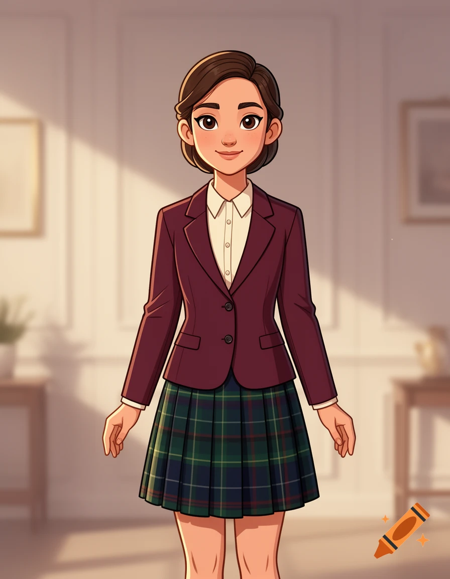 Cartoon illustration of a young girl wearing a maroon blazer and a tartan skirt.
