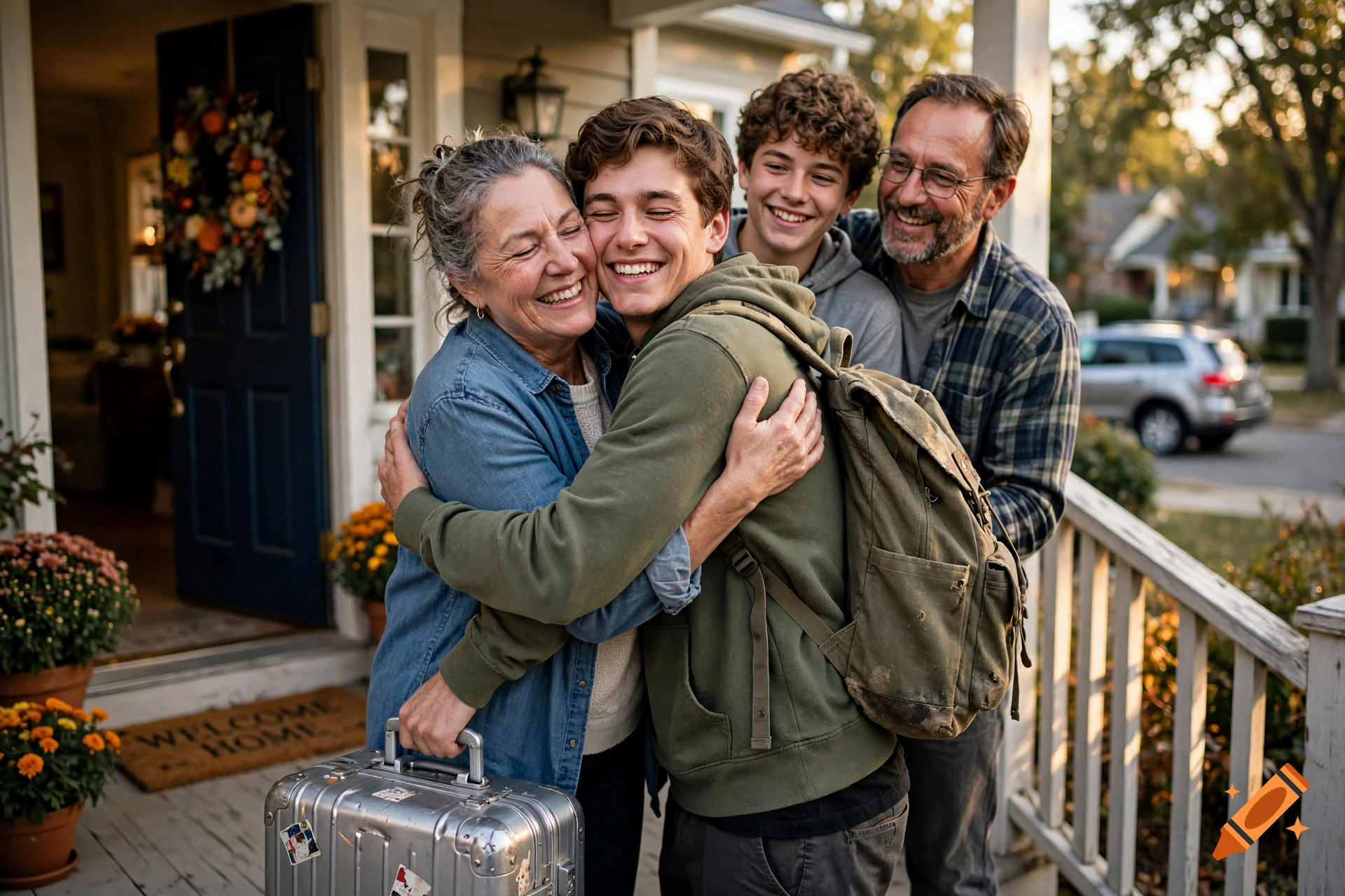 A joyful family embracing a young man holding a suitcase on a front porch, photorealistic.