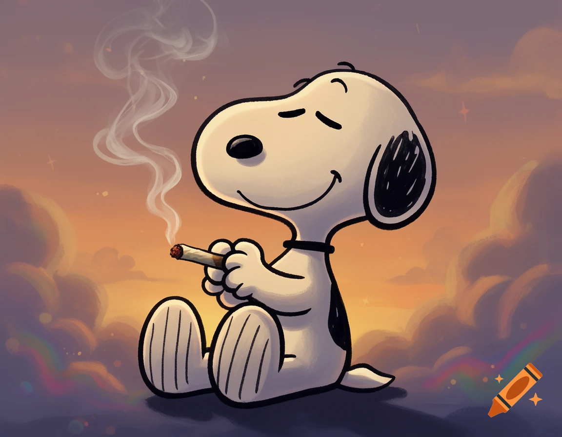 Digital illustration of Snoopy sitting cross-legged while smoking a joint against a sunset sky background.
