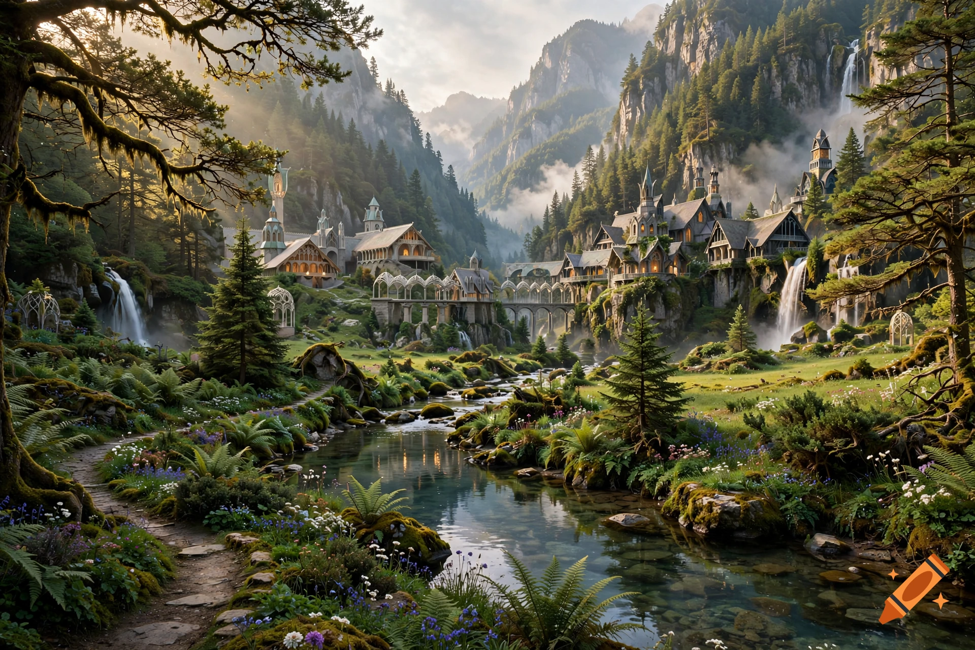Scenic digital painting of Rivendell with traditional elf architecture, lush green valley, and waterfall flowing into a river.