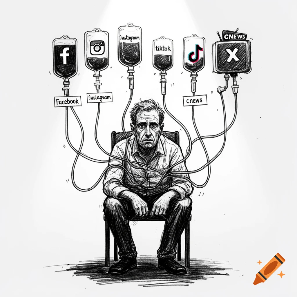 Black and white sketch of a sad man sitting in a chair, hooked up to IV bags labeled with social media logos.