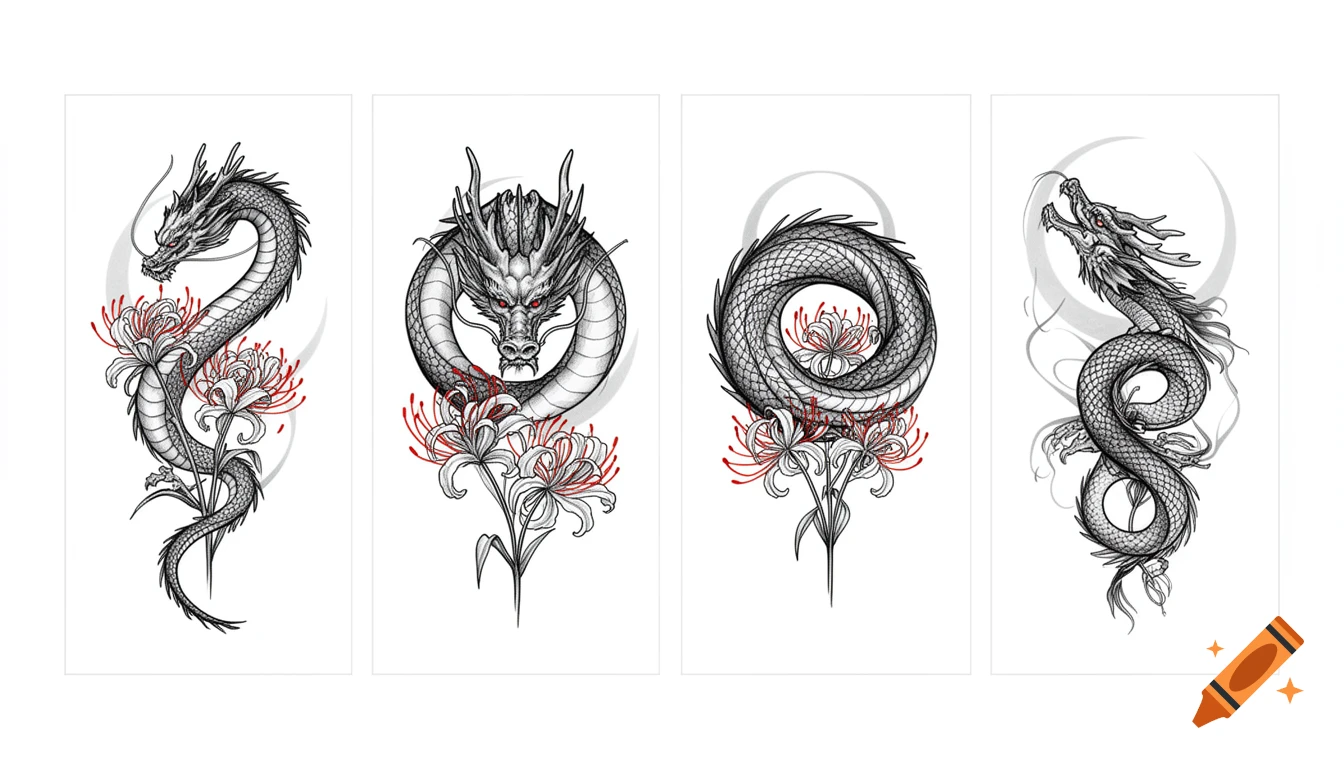 A tattoo flash sheet with four distinct fine line Japanese dragon and spider lily designs on a white background.