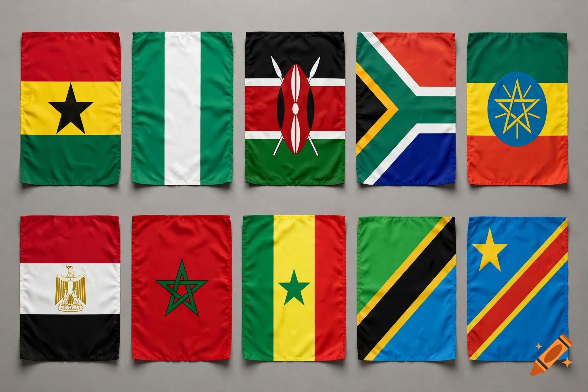 Ten African national flags displayed in two rows against a grey background.