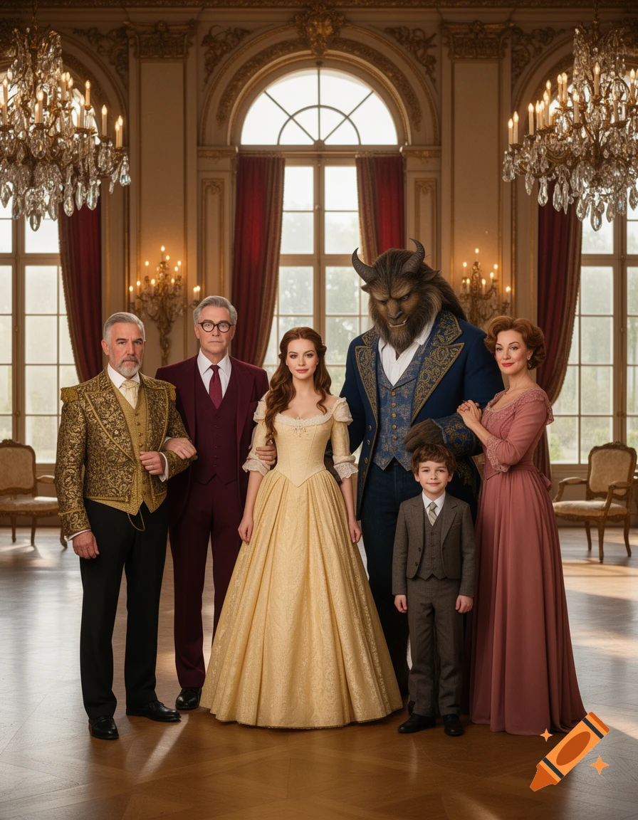 Photorealistic group portrait of characters from Beauty and the Beast reimagined as humans in a grand ballroom.