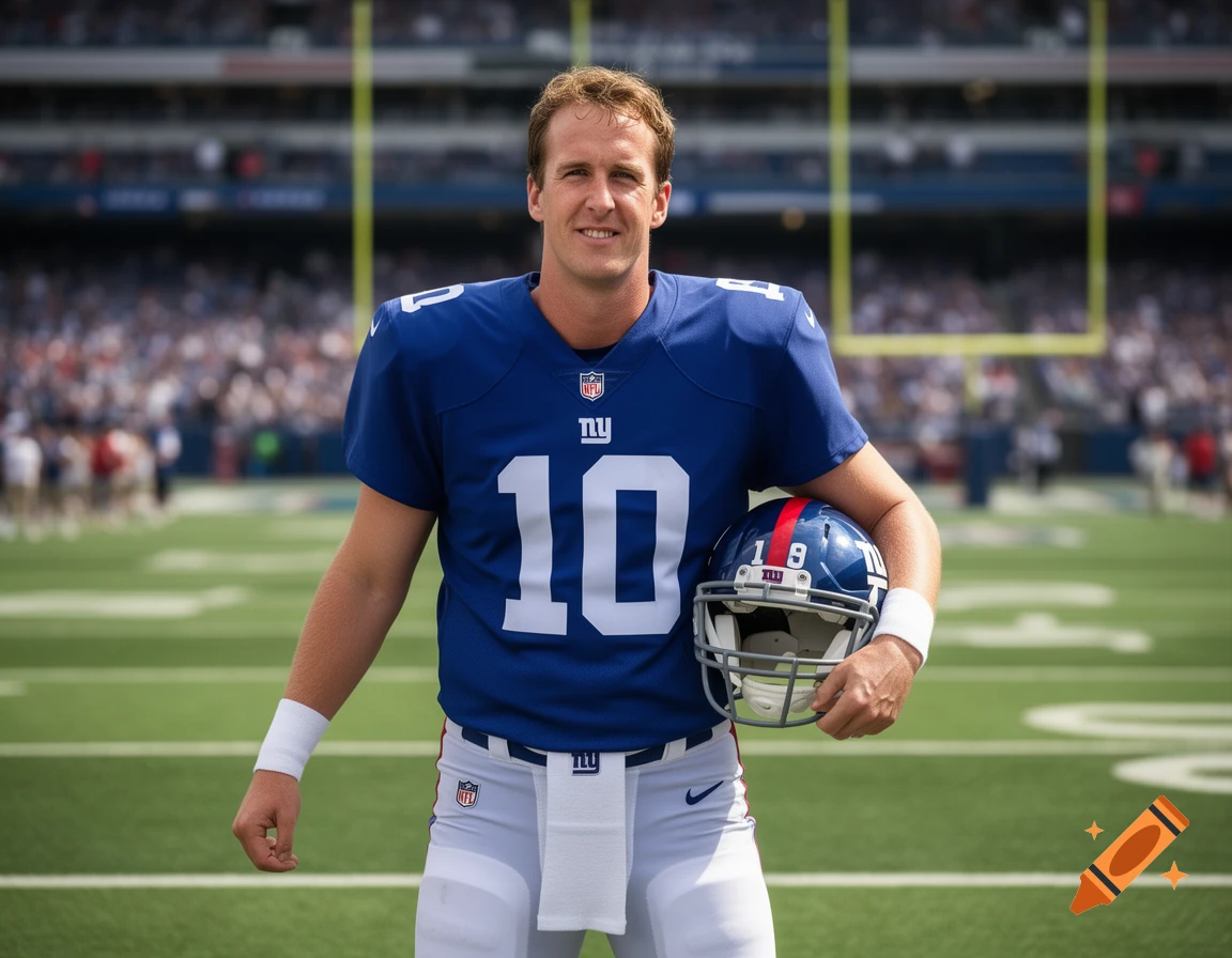 Photorealistic portrait of a male football player in a blue jersey holding a helmet on a football field.