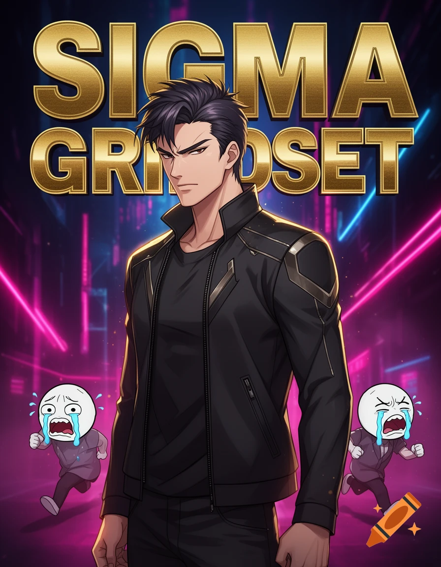 Anime-style alpha male figure standing confidently with 'SIGMA GRIDSET' text above him, flanked by fleeing crying meme characters.