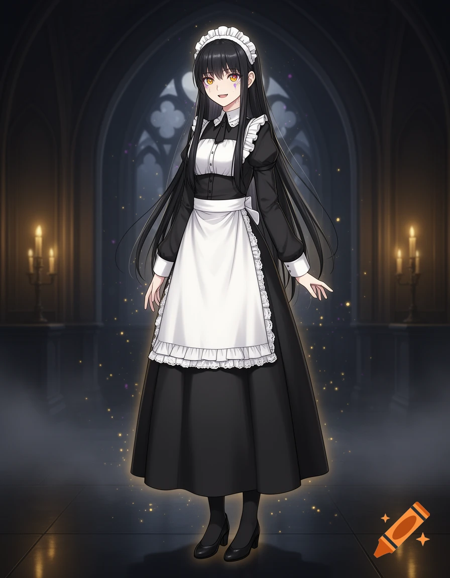 Anime-style illustration of a young female maid in a black and white gothic dress standing in a dark hallway.