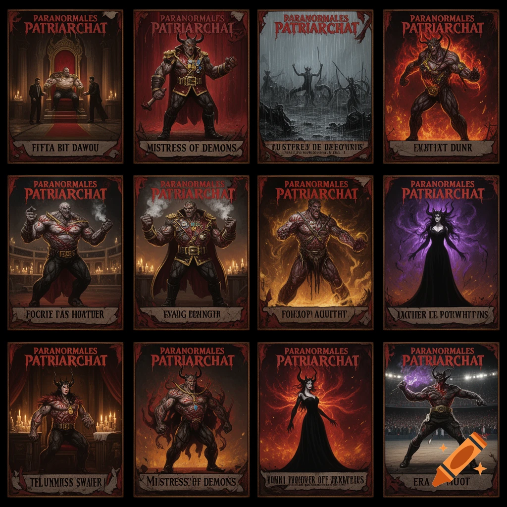 Grid of twelve dark fantasy horror trading cards featuring muscular demon figures and gothic titles.