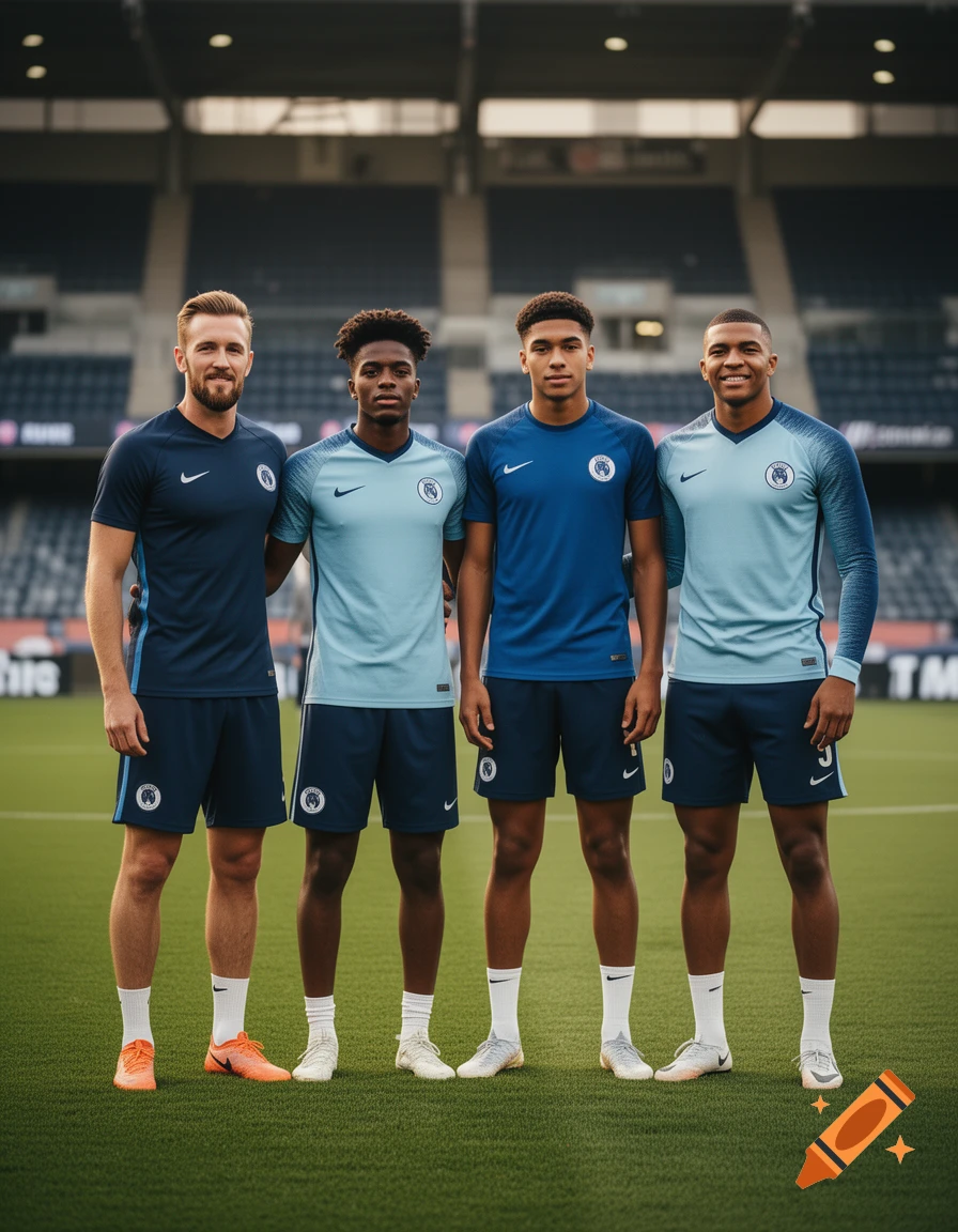 Photorealistic image of four male soccer players standing side-by-side on a pitch in a stadium wearing blue kits.