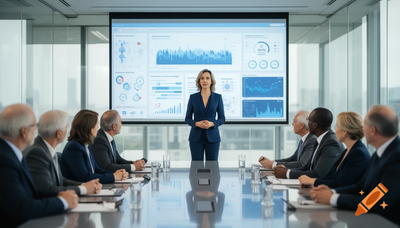 A female executive leading a corporate presentation in a modern conference room with data visualizations on a large screen.