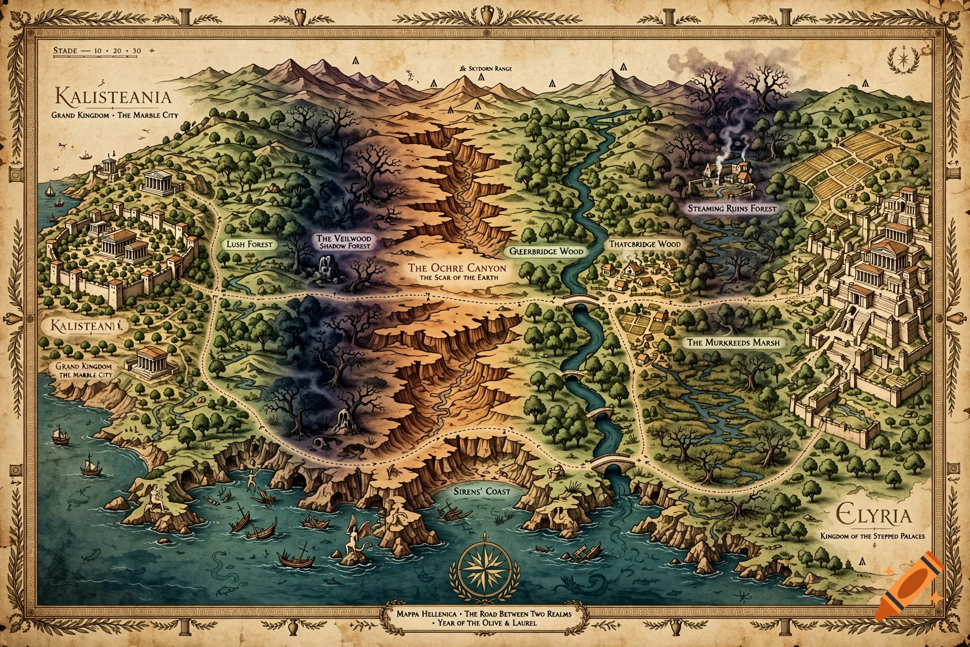 An ancient Greek-style fantasy map showing two kingdoms, Kalisteania and Elyria, separated by various forests and a central canyon.