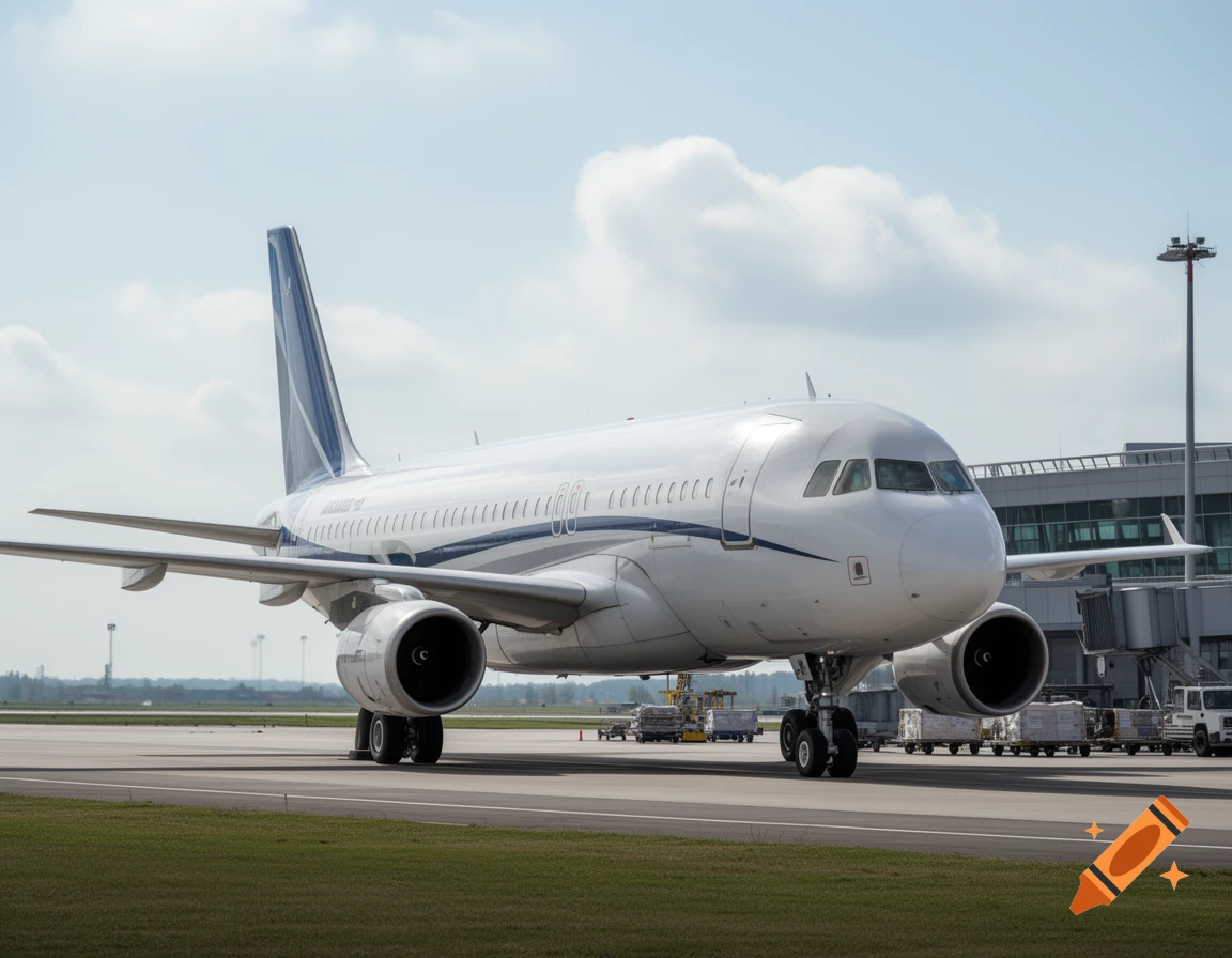 Photorealistic image of a white passenger airplane parked on an airport tarmac under a cloudy sky.