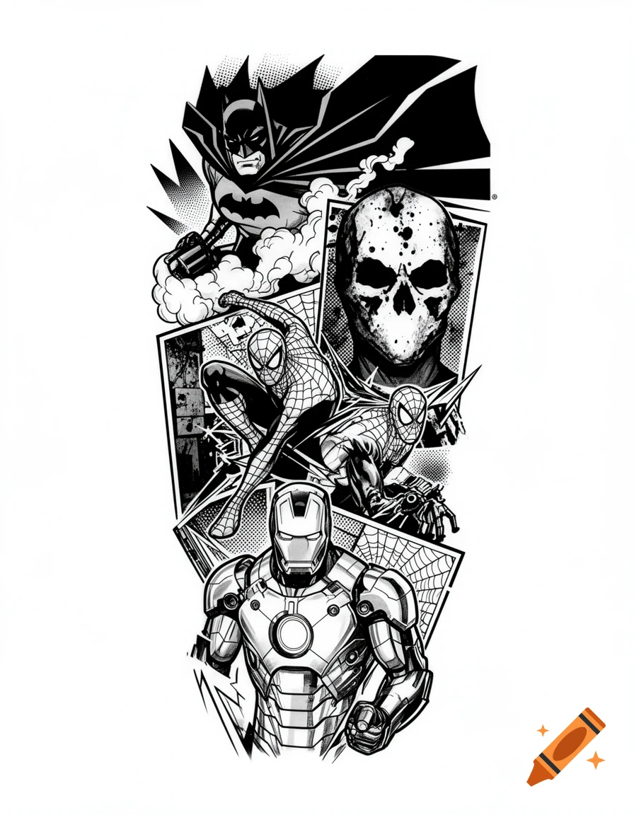 Black and white comic book style tattoo stencil featuring Batman, Rorschach, Spider-Man, and Iron Man.