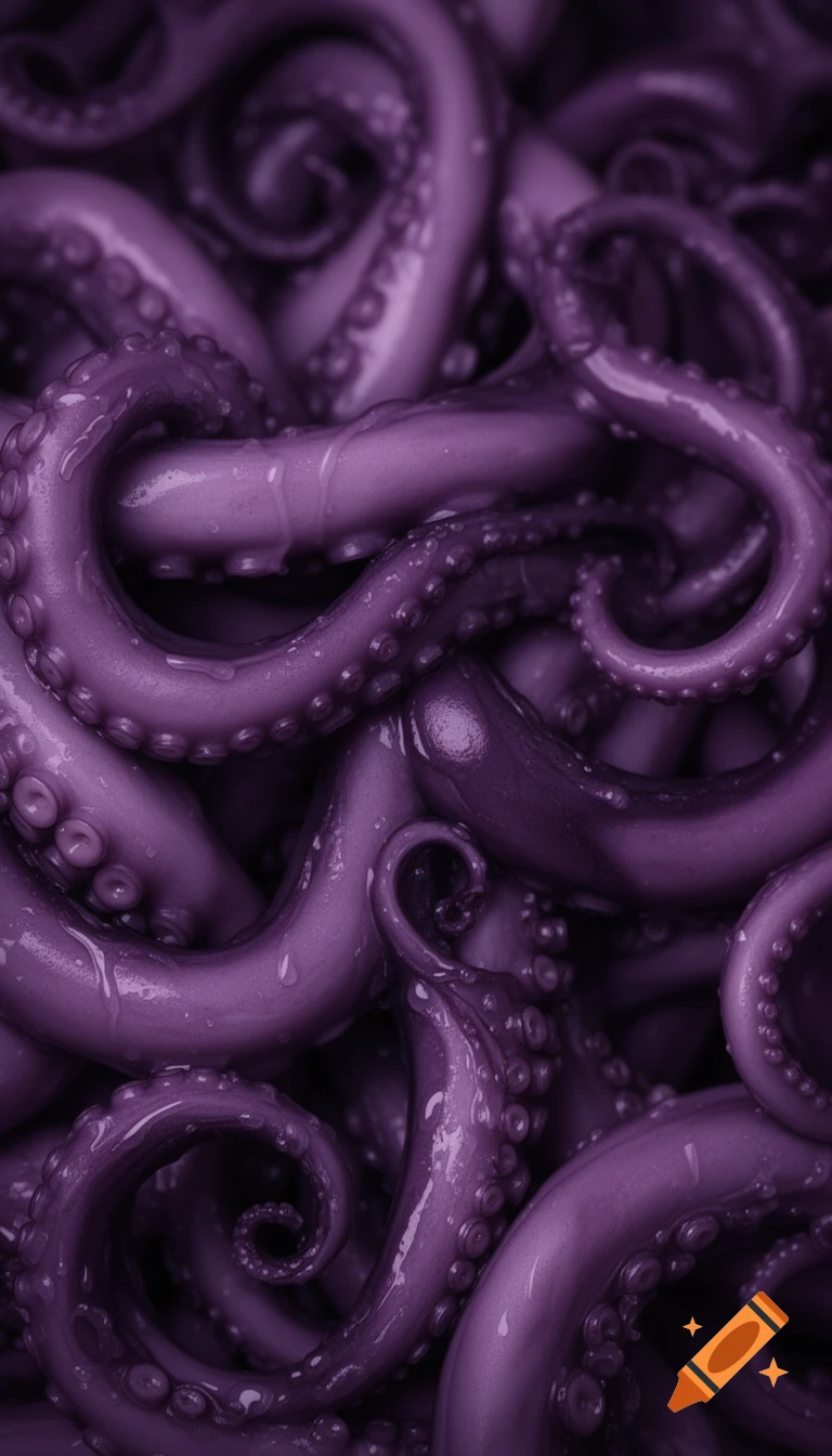 Close-up view of intertwined, glossy purple octopus tentacles with water droplets.