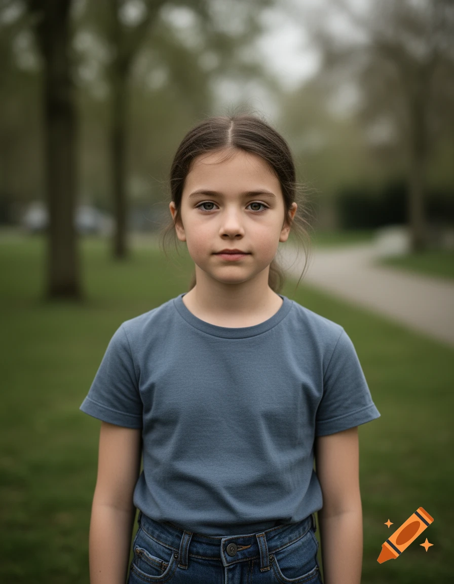Photorealistic portrait of a young girl standing outdoors in a park with trees in the background.