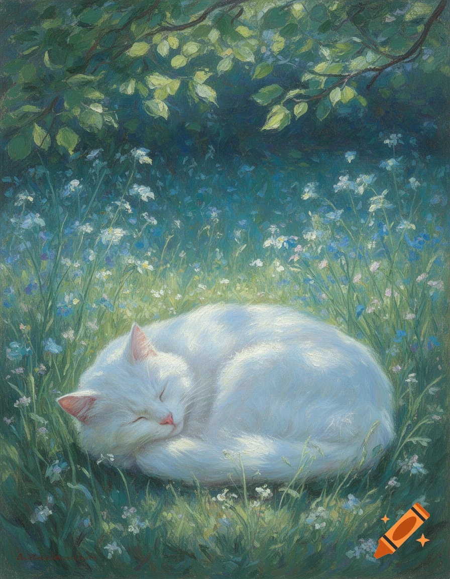 An impressionist painting of a white cat sleeping curled up in a garden with green grass, blue flowers, and tree branches above.