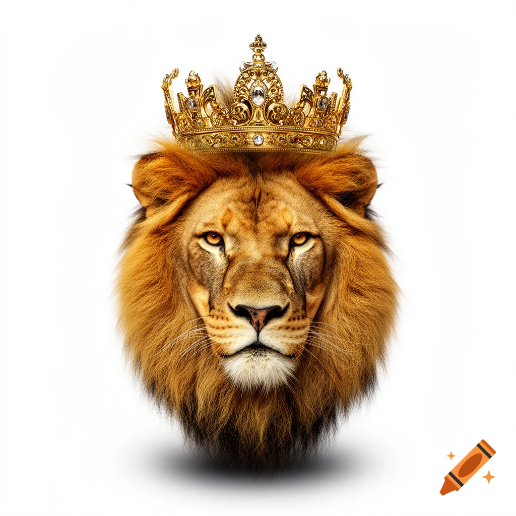 Close-up portrait of a majestic male lion wearing an ornate gold crown with diamonds against a white background.