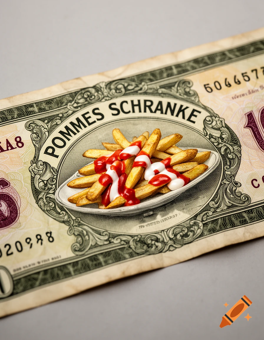 A stylized banknote featuring a plate of french fries with ketchup and mayonnaise as the central motif, with the text POMMES SCHRANKE.