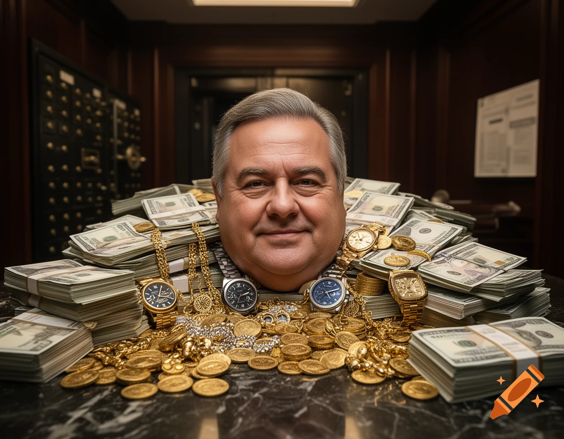 Photorealistic image of a man's face surrounded by stacks of US dollar bills and gold jewelry.