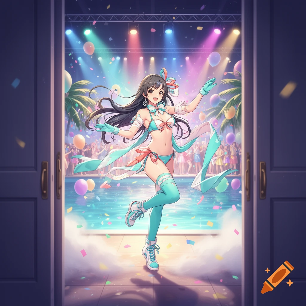 Anime style illustration of a girl in a bikini and high socks dancing by a pool at a party.