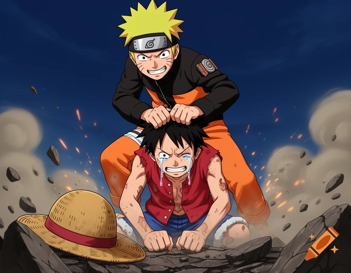 Anime drawing of Naruto standing over a defeated, crying Luffy, holding him by the hair next to his straw hat.