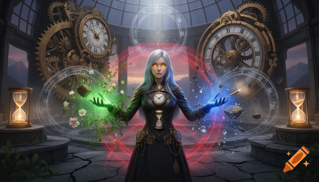 A silver-haired fantasy woman with glowing golden eyes manipulates green and blue magic in a room filled with large clocks and hourglasses.