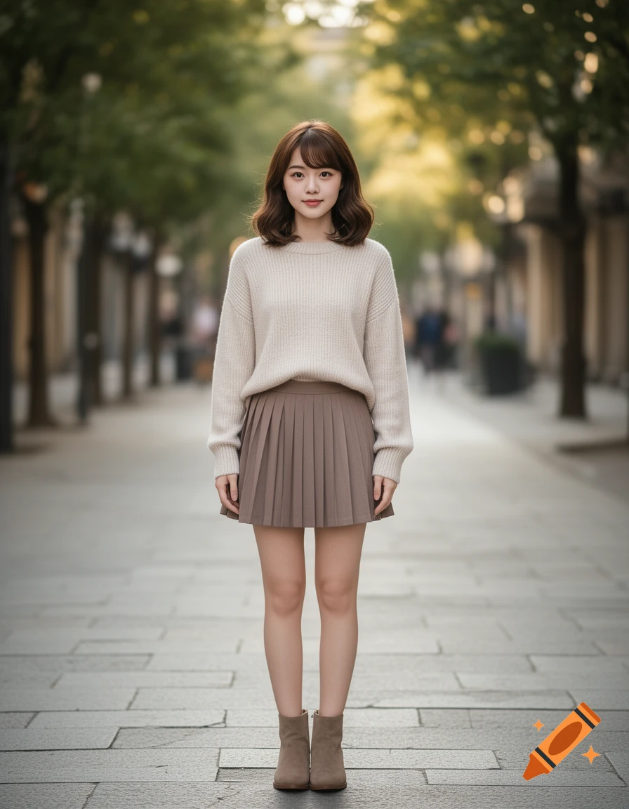 Photorealistic full-body portrait of a young woman with brown hair, wearing a beige knit sweater, pleated skirt, and boots on a city street.