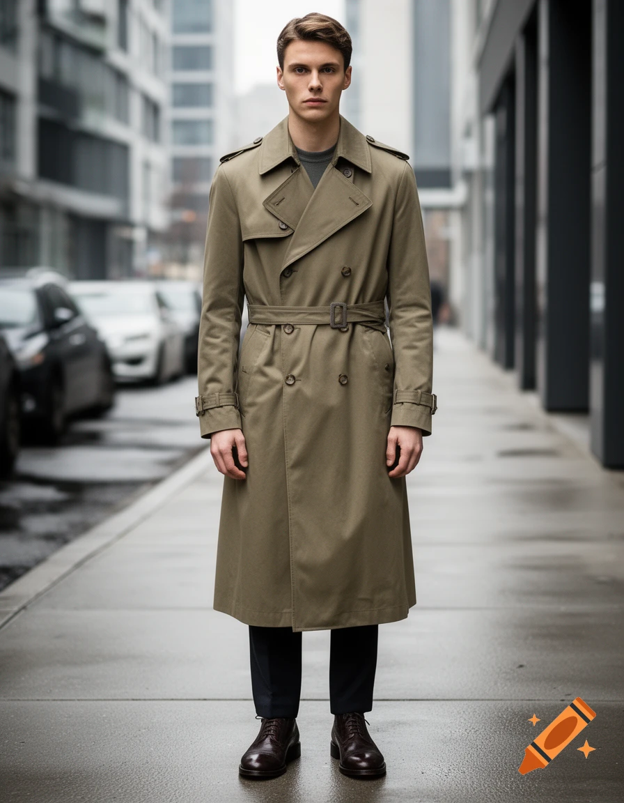 Photorealistic full-body shot of a young man wearing a khaki trench coat, standing on a wet city sidewalk.