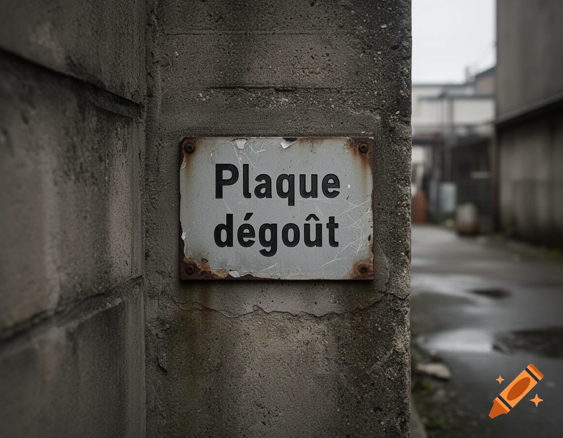 Close-up of a weathered metal sign reading 'Plaque dégoût' mounted on a gray concrete wall in an alleyway, photorealistic.