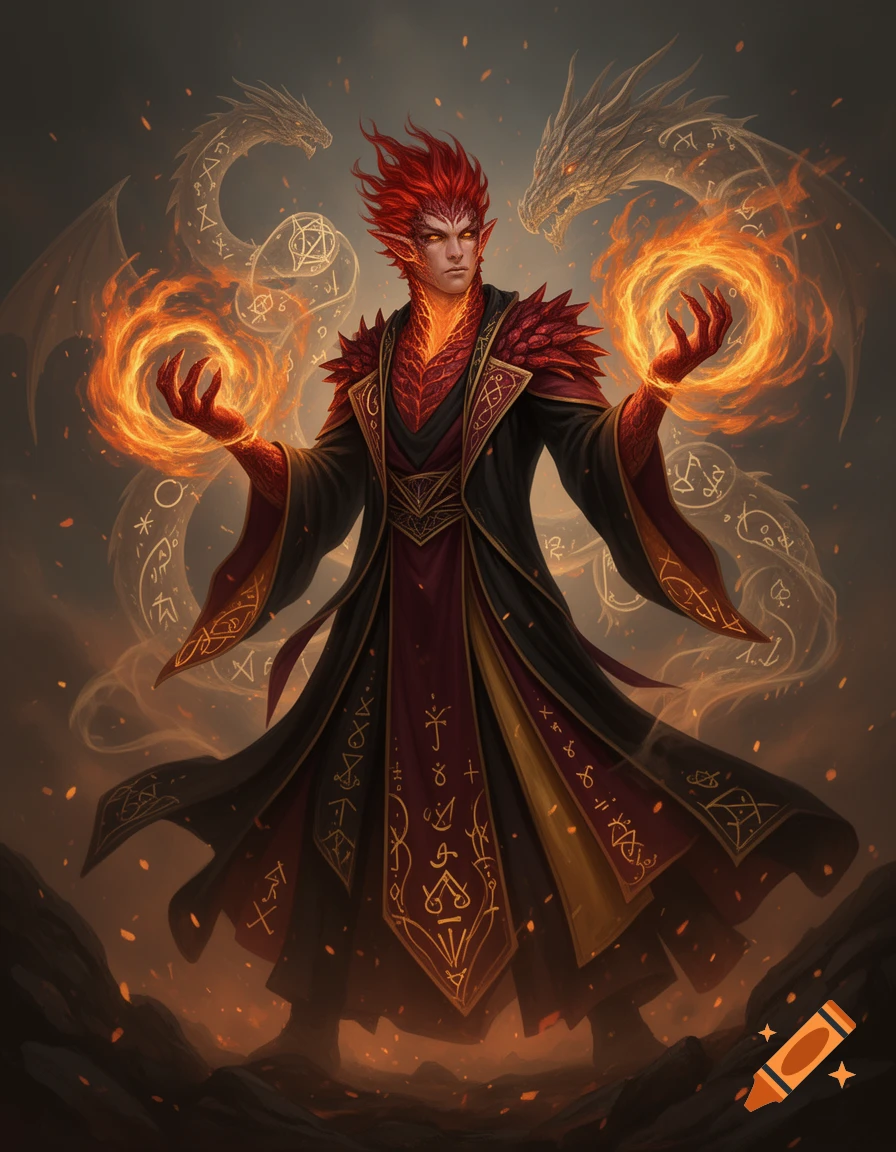 Fantasy art of a male sorcerer with red hair and scales, wearing robes and casting a fire spell with glowing runes.