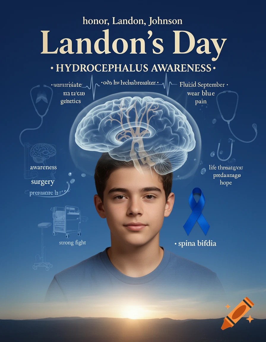 A poster for Hydrocephalus awareness featuring a young boy with a translucent brain graphic above his head, text, and a blue ribbon.