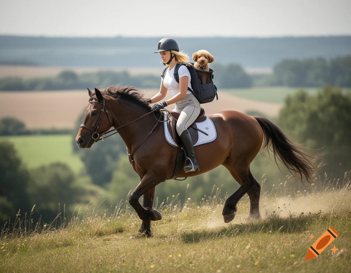 Photorealistic image of a blonde woman wearing a helmet and riding gear, galloping a brown horse uphill with a poodle in her backpack.