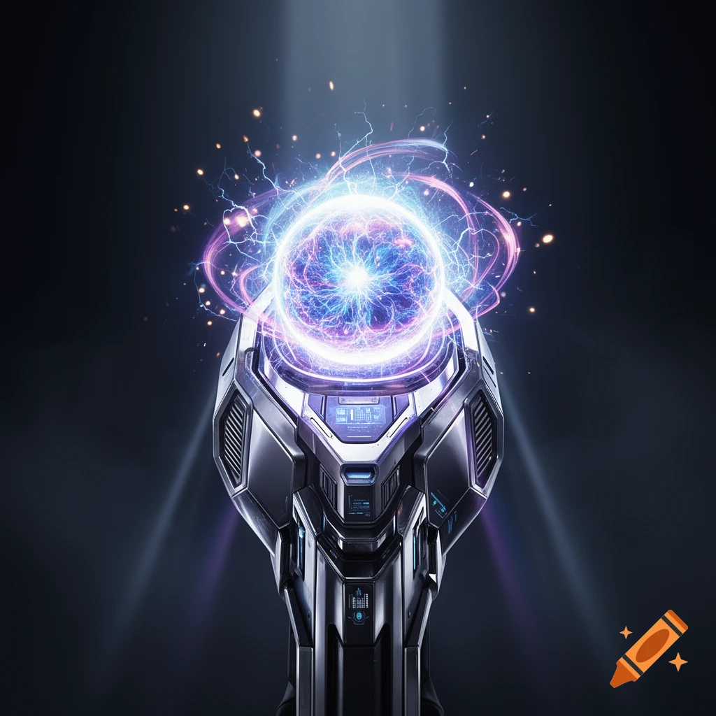Close-up of a futuristic sci-fi energy gun with a glowing plasma orb at the barrel tip, dark background.