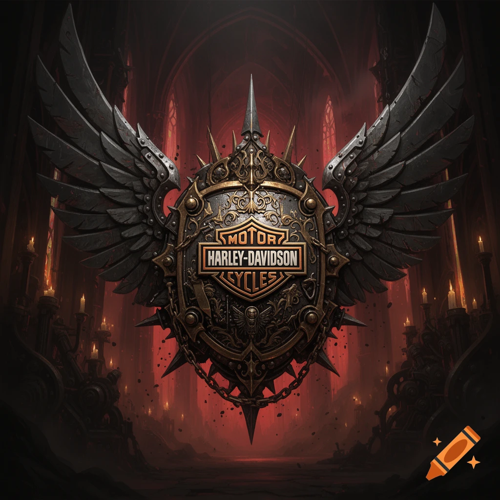 Harley-Davidson motor cycles shield logo with black feathered wings in a dark gothic cathedral setting.
