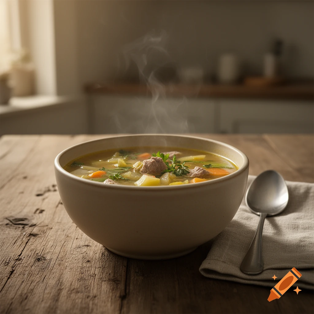 Bowl of steaming vegetable and meat soup on a wooden table next to a spoon on a napkin, photorealistic.