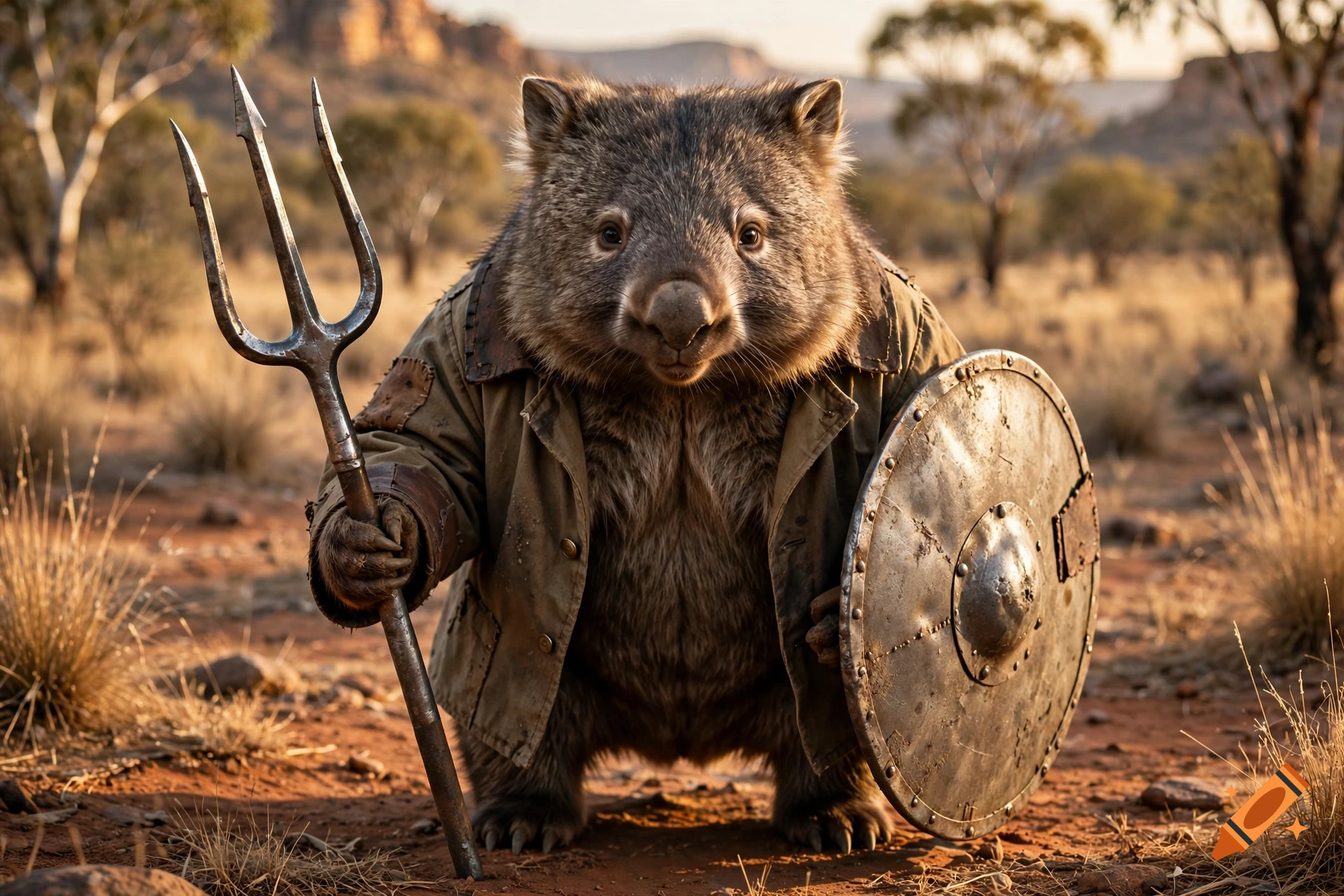 Photorealistic image of a wombat standing in a dry outback landscape, wearing a weathered stockman's coat while holding a trident and a shield.