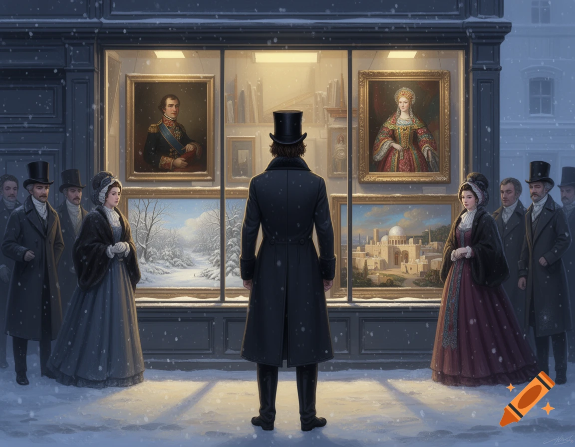 A man in a top hat and long coat stands before a snowy shop window displaying paintings, flanked by people in 19th-century attire.