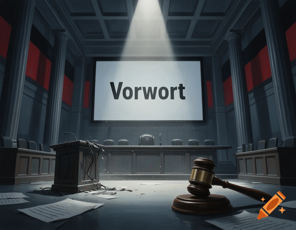 A dramatic courtroom interior with a large screen displaying the word 'Vorwort' under a spotlight.
