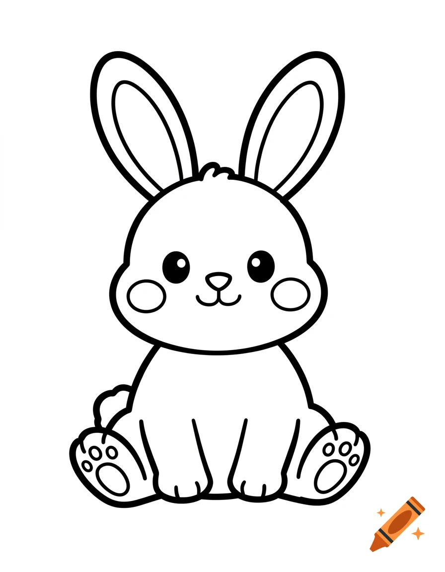 Simple vector coloring book page of a cute baby bunny sitting with thick black outlines on a white background.