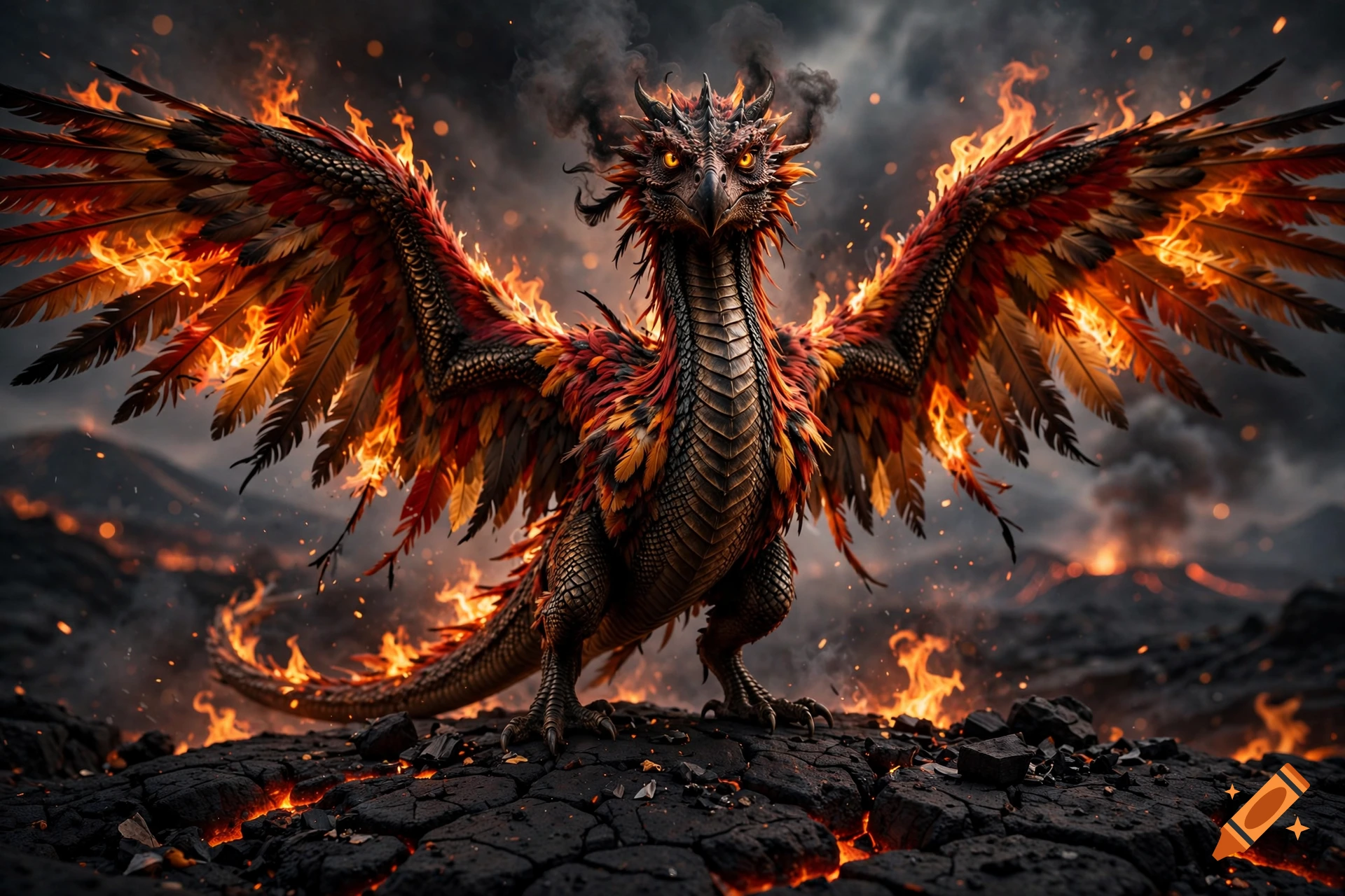 Detailed fantasy art of a dragon-like phoenix covered in fiery feathers standing on cracked volcanic rock amidst smoke and fire.