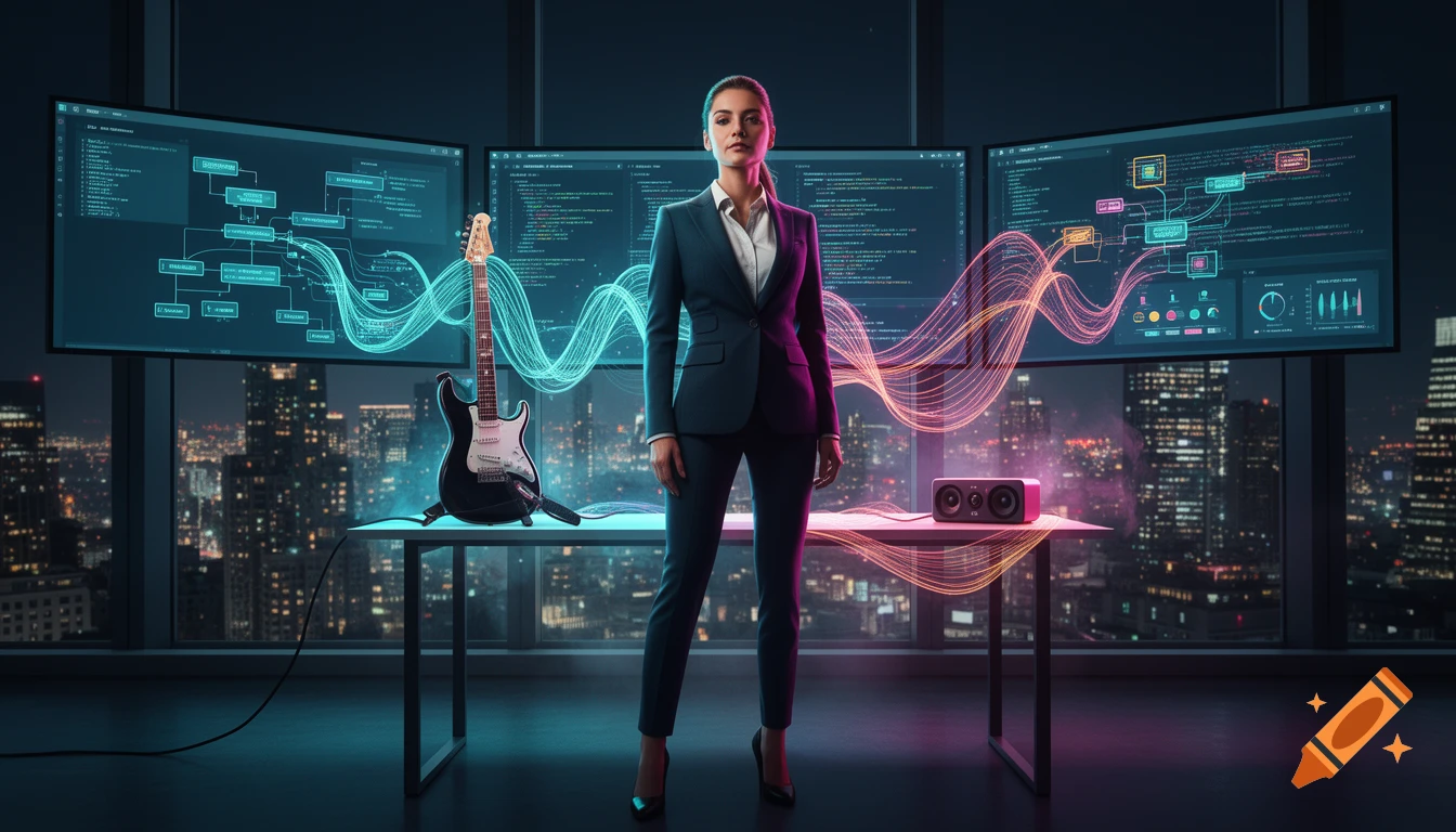 A poised woman in a business suit stands in a modern office with glowing software diagrams on screens and a guitar on the desk.